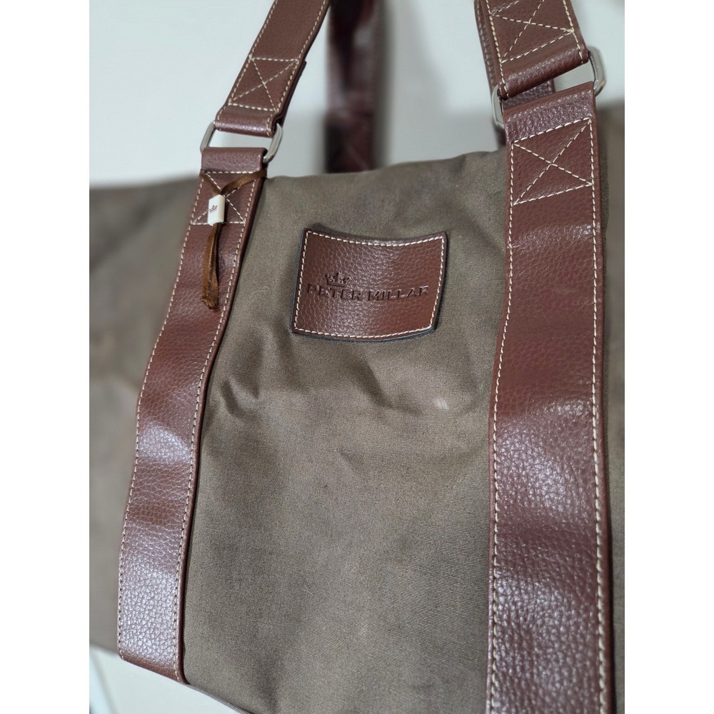 Peter Millar Canvas Duffel Bag Brown Olive Plaid Lining Weekend Travel Gym Bag - Picture 2 of 12